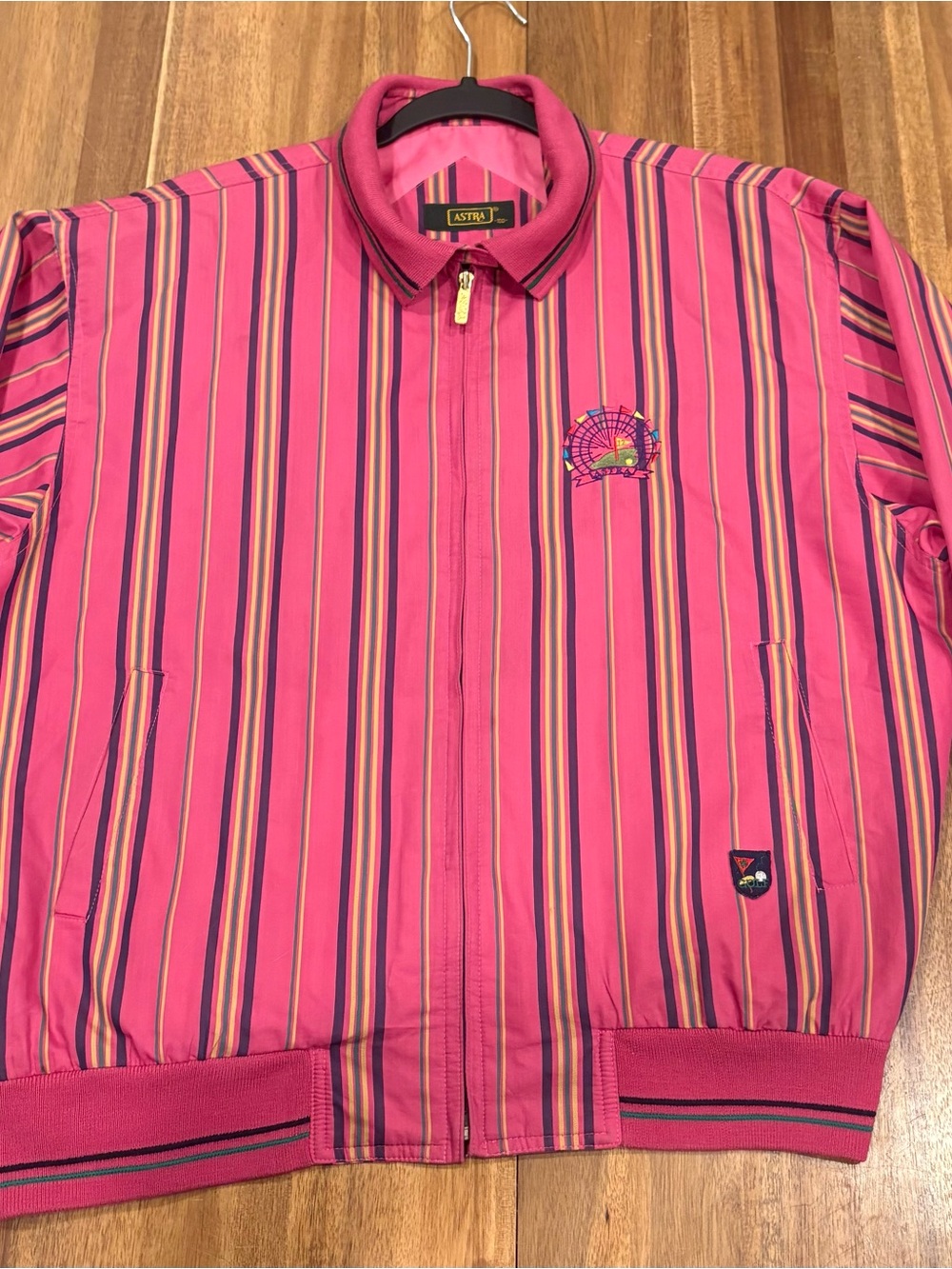 Vintage Astra 90s Pink Striped Golf Bomber Jacket Full Zip Size Medium